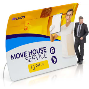 A U-shaped tension fabric display wall with a bright design featuring a man and space for a logo.