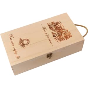 A wooden wine box in a light beige colour with a decorative design and a rope handle. It has a logo embossed on the surface.