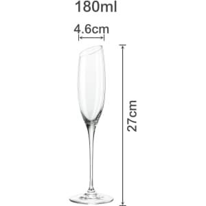 A slanted champagne glass in clear glass, measuring 27 cm tall and 4.6 cm wide, with a logo visible.