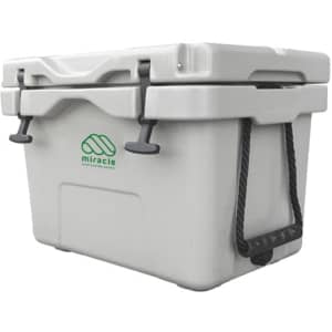 A 25L cooler box in white with grey accents, featuring a logo and side handles for easy transport.