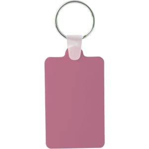 A pink rectangular Durasoft keyring with a silver metal attachment ring.