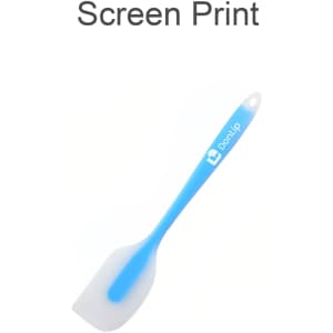 A silicone spatula with a blue handle and a white spatula head, featuring a logo.