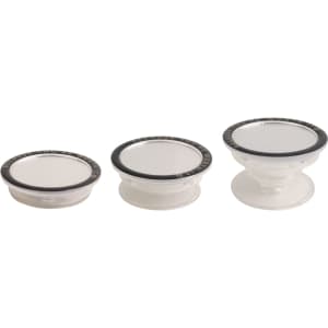 Three custom-shaped mirror phone pop holders in clear plastic with black trim. Each holder varies in size.