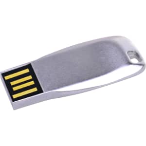 A silver mini key flash drive with a sleek design, featuring a USB connector and a logo on the surface.