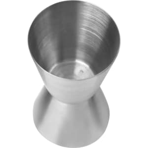 A stainless steel double jigger with a sleek, polished finish, featuring a tapered design and an internal measurement indicator.