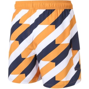 Women’s board shorts in bold orange and navy geometric patterns, featuring a drawstring and side pocket.