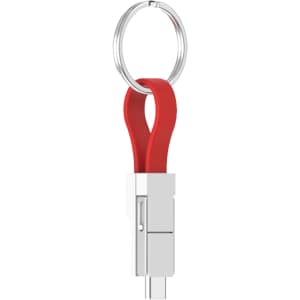 A magnetic charging cable in red and silver attached to a keyring. The design features a sleek, compact shape.