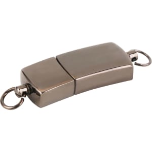 A silver-coloured flash drive with a sleek design, featuring two attachment rings on either end.