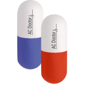 A capsule-shaped stress reliever in blue and red, featuring a logo. Ideal for stress relief and fun.