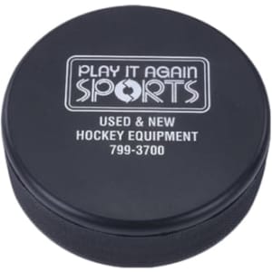 A black hockey puck shaped stress reliever featuring a logo on the top.