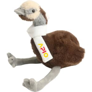 A plush emu toy in brown and grey, featuring a soft body and detailed facial features, with a logo on its collar.