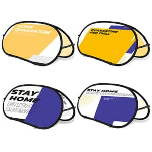 Bean-shaped pop-up banners in yellow, blue, and white with various designs and branding elements.