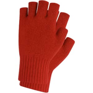 A pair of red knitted fingerless gloves with a ribbed cuff and a woven label.