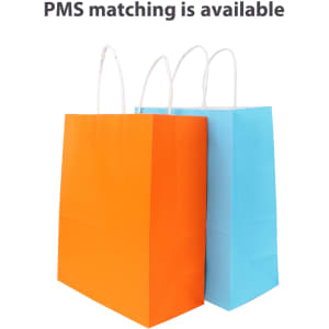 Two paper bags with twisted handles, one orange and one light blue, both with white handles and no visible branding.