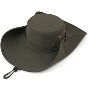 A wide-brim sun hat in olive green, featuring a round crown and adjustable cord, ideal for outdoor wear.