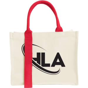 A cream horizontal canvas tote bag with red handles and a logo on the front.