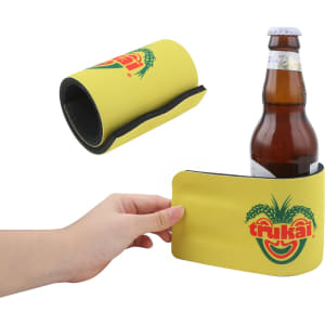 A drink bottle is held in a yellow stubby holder with a logo design. The holder is flexible and features a black interior.