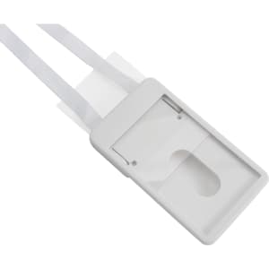 A white ABS retractable card holder with lanyard, featuring a clear card slot and two white straps.