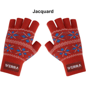 A pair of red jacquard fingerless gloves featuring blue and white snowflake patterns and a logo.