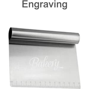 A stainless steel flour cutter with measurements along one edge, featuring a simple engraved design and a small logo.