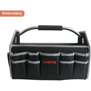 A black tool carrier bag with multiple pockets and a silver handle, featuring a logo on the front.