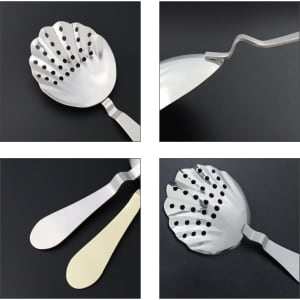 A stainless steel bar strainer with a decorative shell shape and perforations, displayed from various angles.
