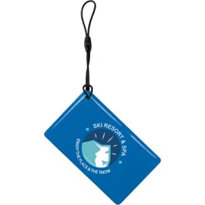 A blue NFC epoxy square tag with a black attachment loop and a logo in the centre.