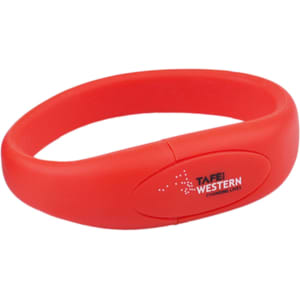A red silicone wristband flash drive featuring a logo, with a smooth oval design.