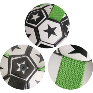 A dog soccer ball in black, white, and green, featuring star patterns and grab tabs for easy handling.