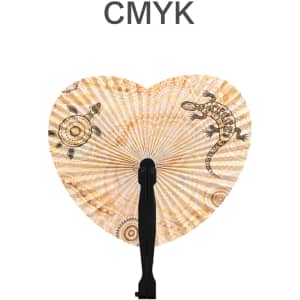 A heart-shaped plastic paper fan in shades of beige with illustrations of a turtle and lizard, featuring a black handle.