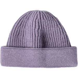 A round beanie in a soft lavender colour, featuring a ribbed texture and a rolled cuff. It has a logo present.