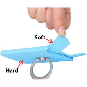 A blue smart wallet with a ring, featuring both hard and soft sections, held by a finger.