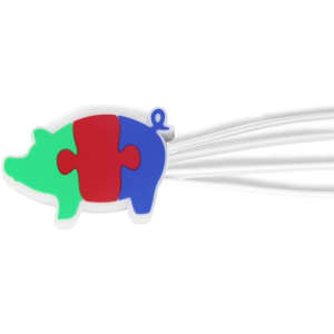 A pig-shaped cable organiser in green, red, and blue, with multiple white charging cables attached.