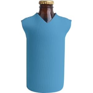 A drink bottle in a blue cooler with a v-neck design, featuring a bottle cap at the top.