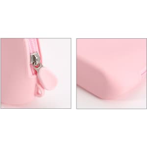 A pink silicone organiser pouch featuring a zip closure and rounded edges. It has a small logo on the side.