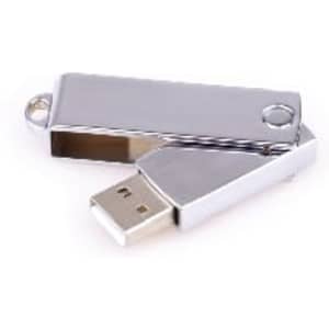 A silver USB flash drive with a retractable connector and a loop for attachment, featuring a logo.