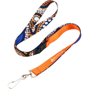 A vibrant lanyard featuring a pattern of orange, blue, and black, with a metal clip and a logo.