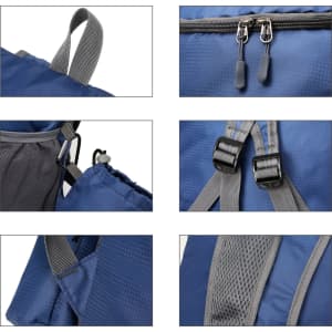A packable travel backpack in navy blue with grey accents, featuring zippers, straps, and mesh detailing.