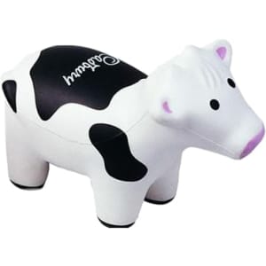 A stress reliever in the shape of a white and black cow with a cute facial design and a logo on its side.