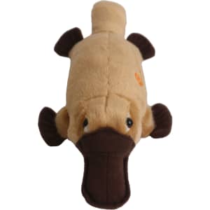 A plush toy of a platypus in light brown and dark brown, with detailed facial features and flippers.