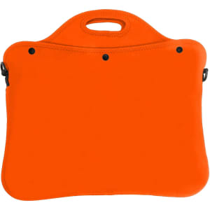 An orange laptop bag with a handle, featuring a simple design and smooth finish. It has a logo on the surface.