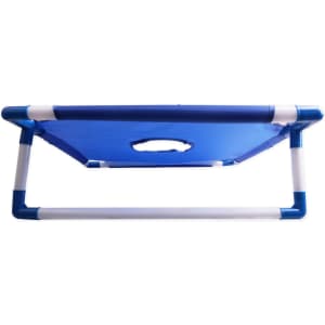 A portable cornhole game board in blue and white with a handle for easy transport. It features a sturdy frame.