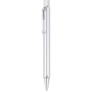 A silver pen with a sleek design and a clip, featuring a brand logo.