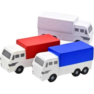 A collection of stress reliever toys shaped like delivery vans in red and blue on white vehicles.