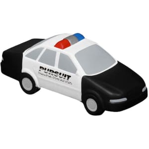 A black and white police car-shaped stress reliever with a roof light. Features a logo on the side.