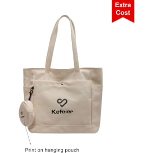 A cream canvas tote bag with long handles and a small attached pouch. It features a logo.