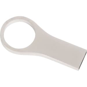 A sleek silver USB flash drive featuring a large circular handle for easy grip.
