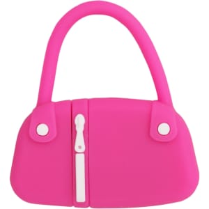 A pink handbag-shaped flash drive with a zip design and white accents. Includes a simple logo on the front.