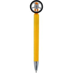 A yellow pen with a tire-shaped top and silver tip, featuring a logo on the body.