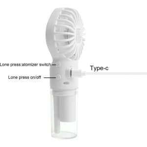 A handheld spray fan in white with a clear water reservoir, featuring an atomiser switch and a Type-C charging port.